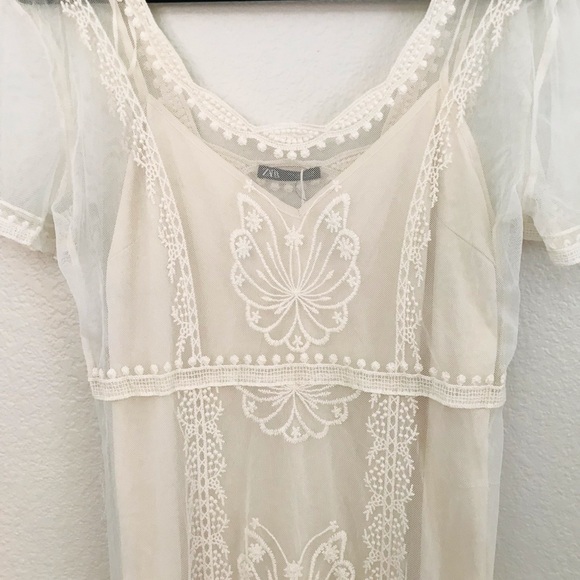 Zara Embroidered Long Sheer Dress in Ivory Sz Large. - Picture 5 of 6